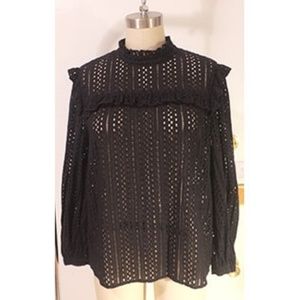 Madewell Mock Neck Black Eyelet Long Sleeve Top